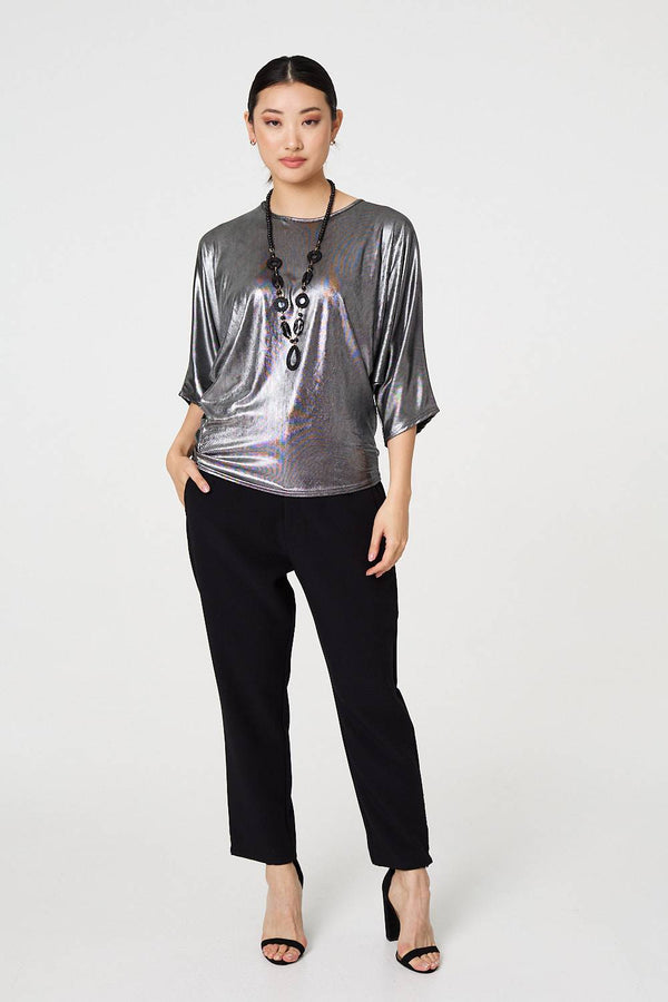 Silver | Metallic 3/4 Batwing Sleeve Top
