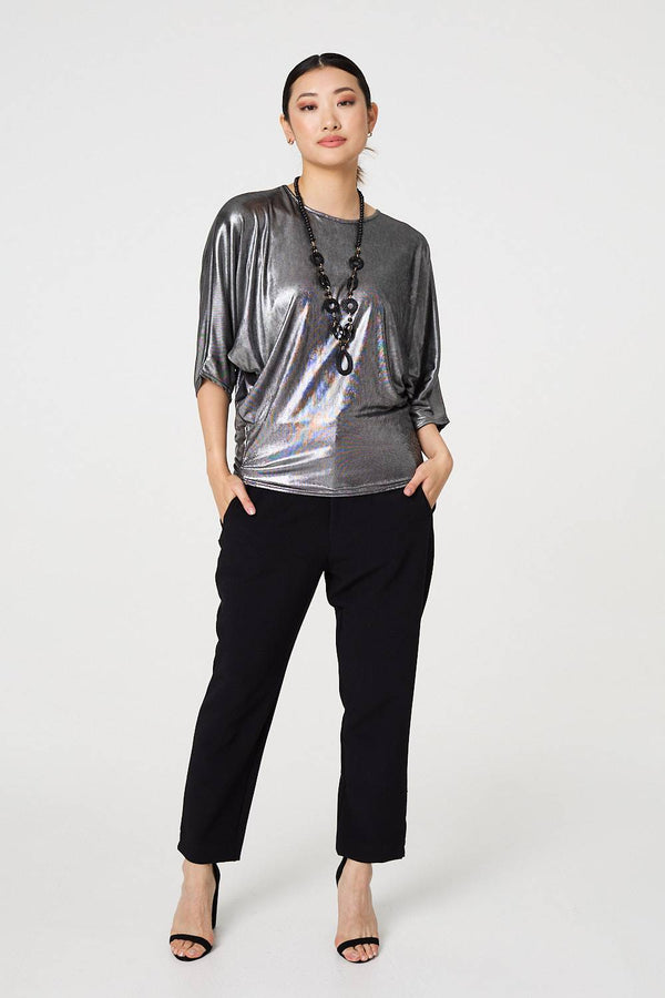 Silver | Metallic 3/4 Batwing Sleeve Top
