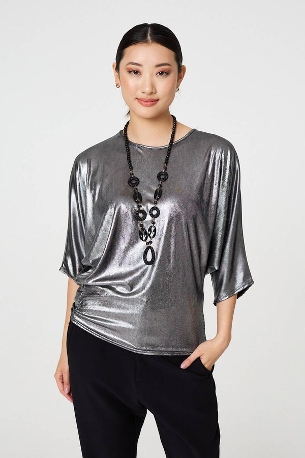 Silver | Metallic 3/4 Batwing Sleeve Top : Model is 5'9"/175 cm and wears UK8/EU36/US4/AUS8