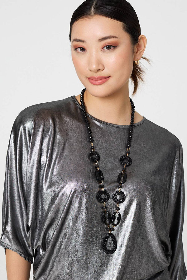 Silver | Metallic 3/4 Batwing Sleeve Top
