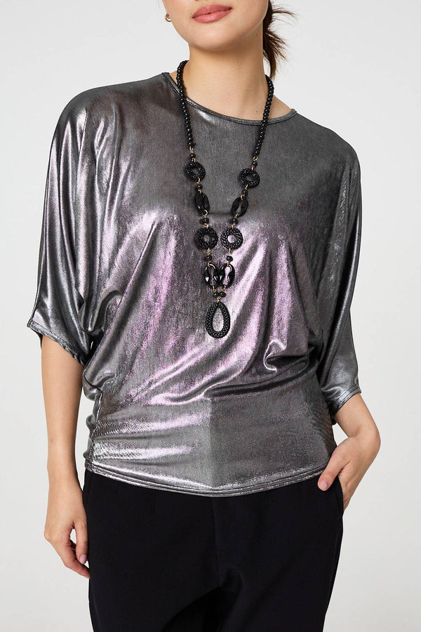 Silver | Metallic 3/4 Batwing Sleeve Top
