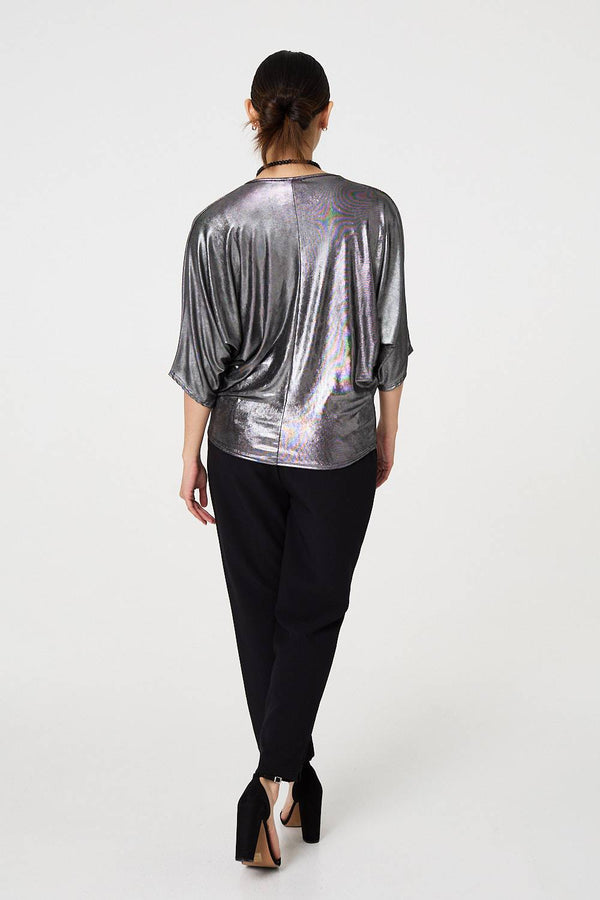 Silver | Metallic 3/4 Batwing Sleeve Top
