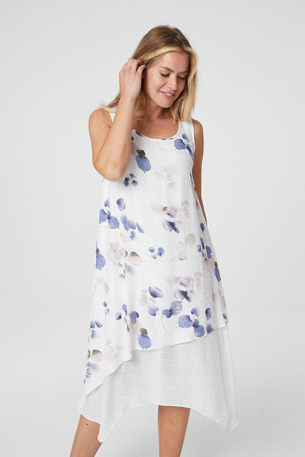 Blue | Leaf Print Layered Swing Dress