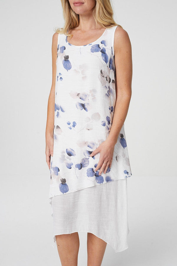 Blue | Leaf Print Layered Swing Dress