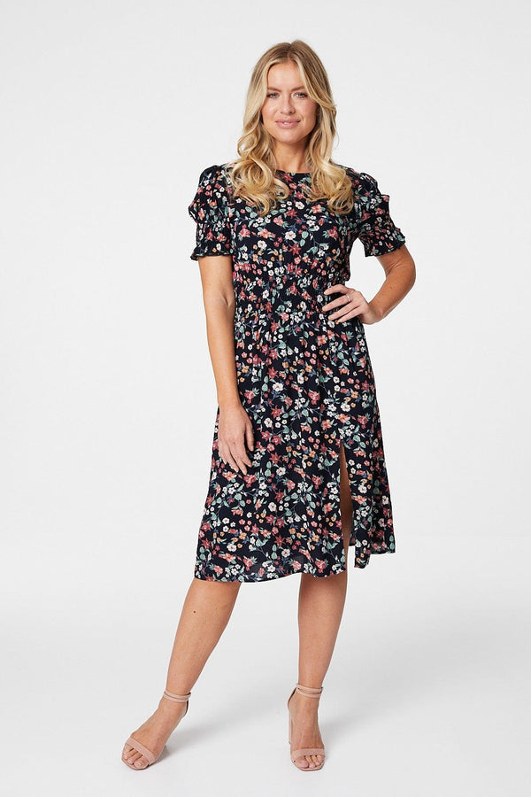 Navy | Floral Print Midi Dress 