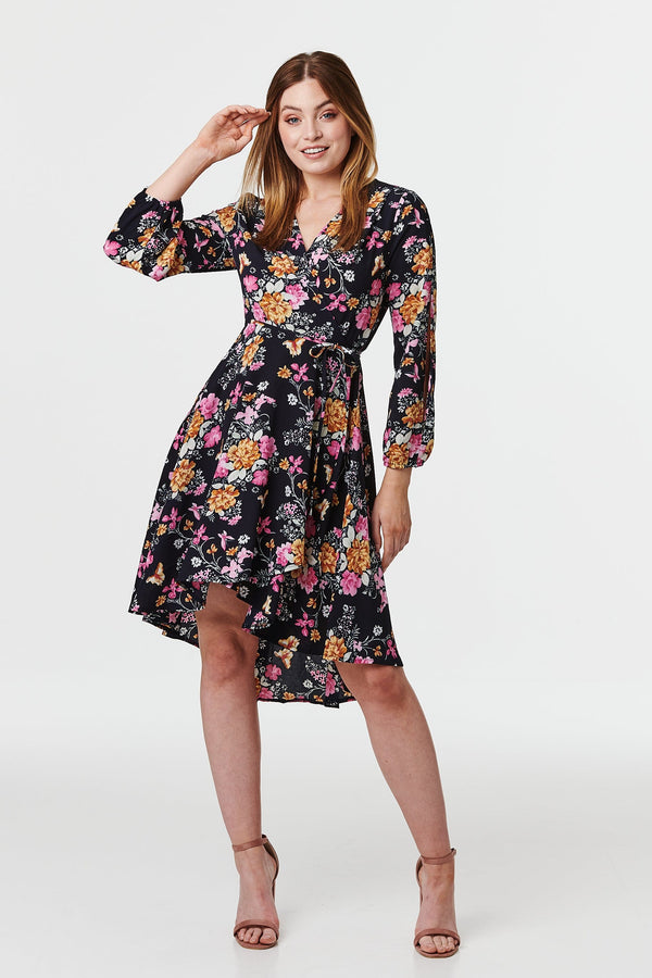 Navy | Floral Split Sleeve Wrap Dress