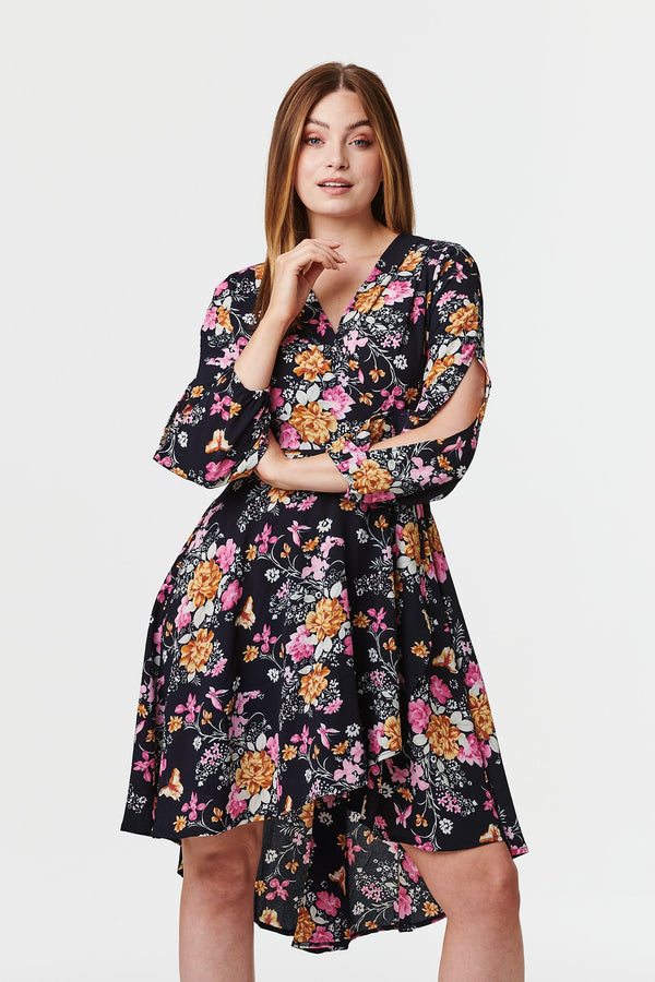 Navy | Floral Split Sleeve Wrap Dress