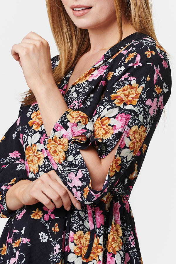 Navy | Floral Split Sleeve Wrap Dress