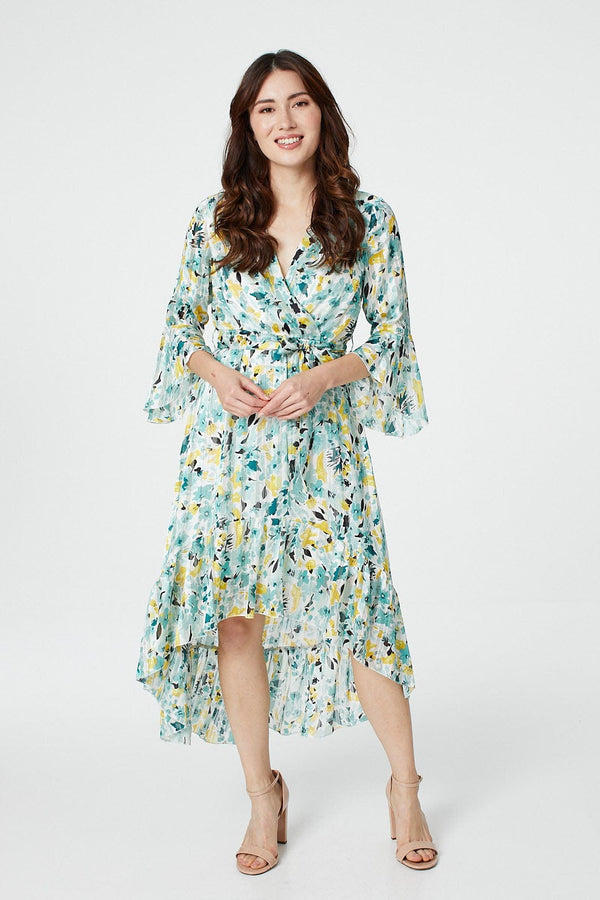 Green | Floral 3/4 Sleeve Wrap Dress