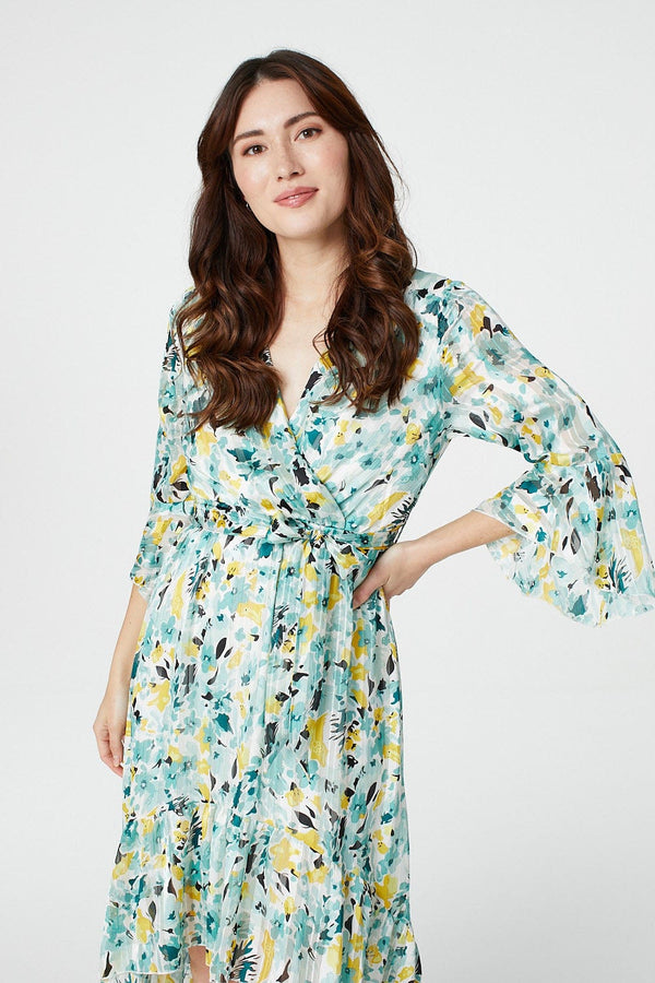 Green | Floral 3/4 Sleeve Wrap Dress