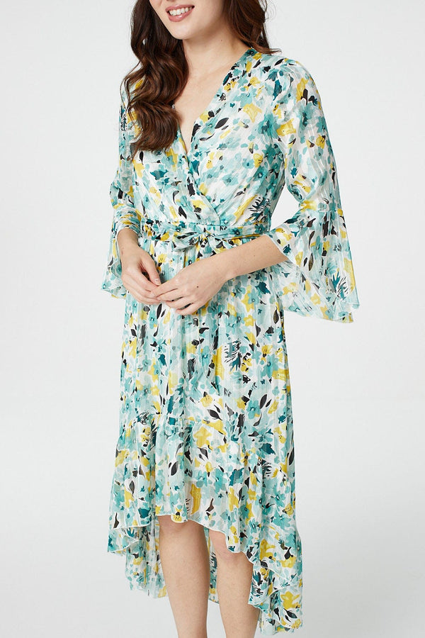 Green | Floral 3/4 Sleeve Wrap Dress