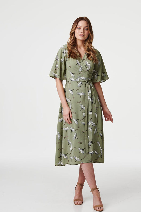 Sage | Bird Print Midi Wrap Dress