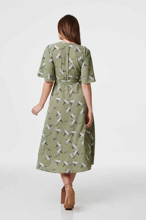 Sage | Bird Print Midi Wrap Dress