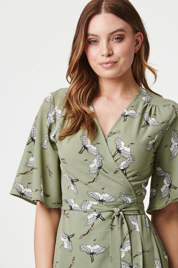 Sage | Bird Print Midi Wrap Dress