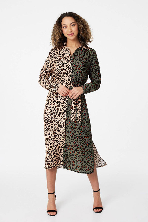 Green | Animal Print Colour Block Shirt Dress