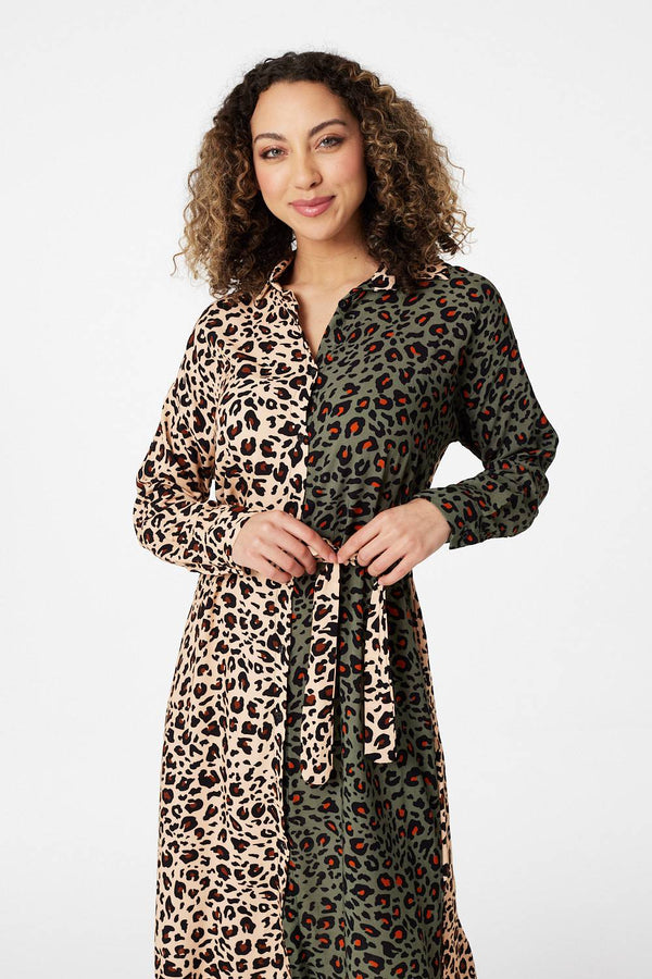 Green | Animal Print Colour Block Shirt Dress