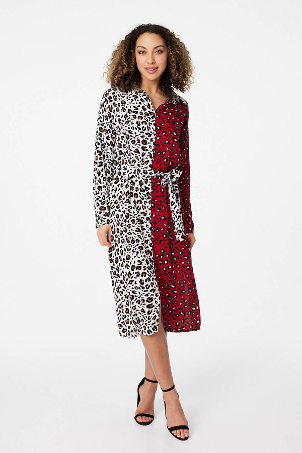 Red | Animal Print Colour Block Shirt Dress