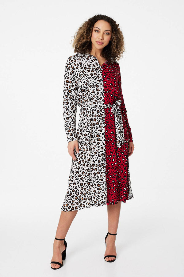 Red | Animal Print Colour Block Shirt Dress