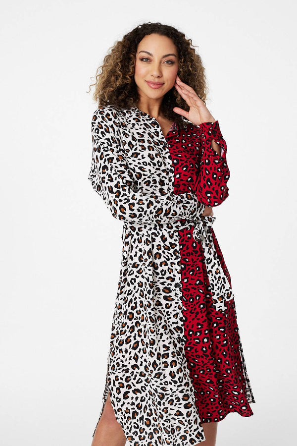 Red | Animal Print Colour Block Shirt Dress