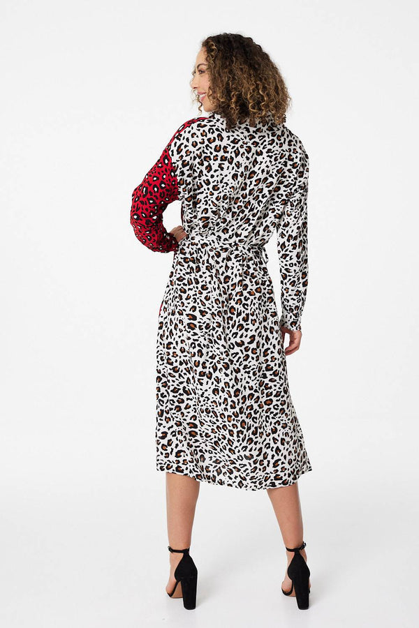 Red | Animal Print Colour Block Shirt Dress