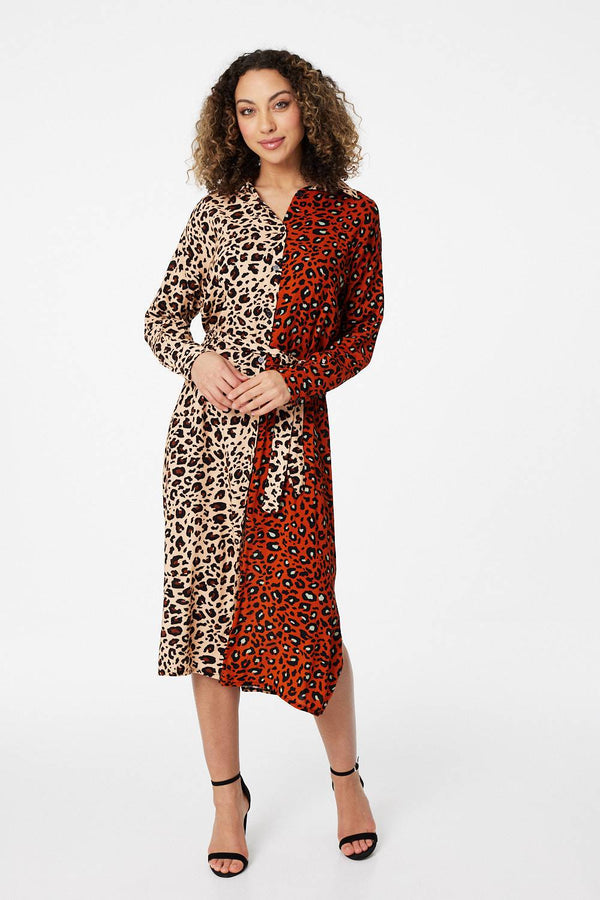 Rust | Animal Print Colour Block Shirt Dress