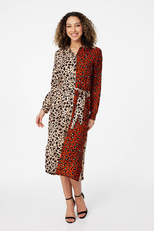 Rust | Animal Print Colour Block Shirt Dress