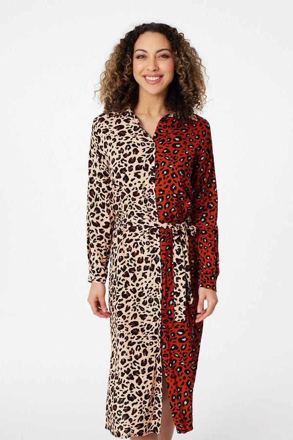 Rust | Animal Print Colour Block Shirt Dress