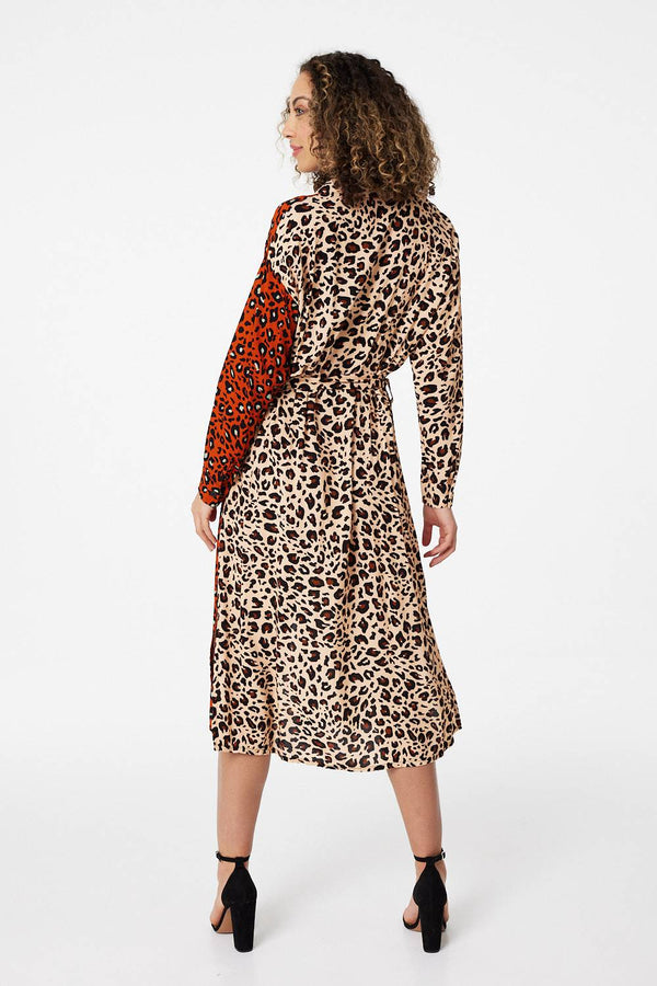 Rust | Animal Print Colour Block Shirt Dress