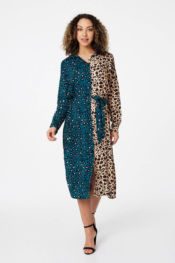 Teal | Animal Print Colour Block Shirt Dress