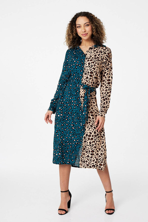 Teal | Animal Print Colour Block Shirt Dress