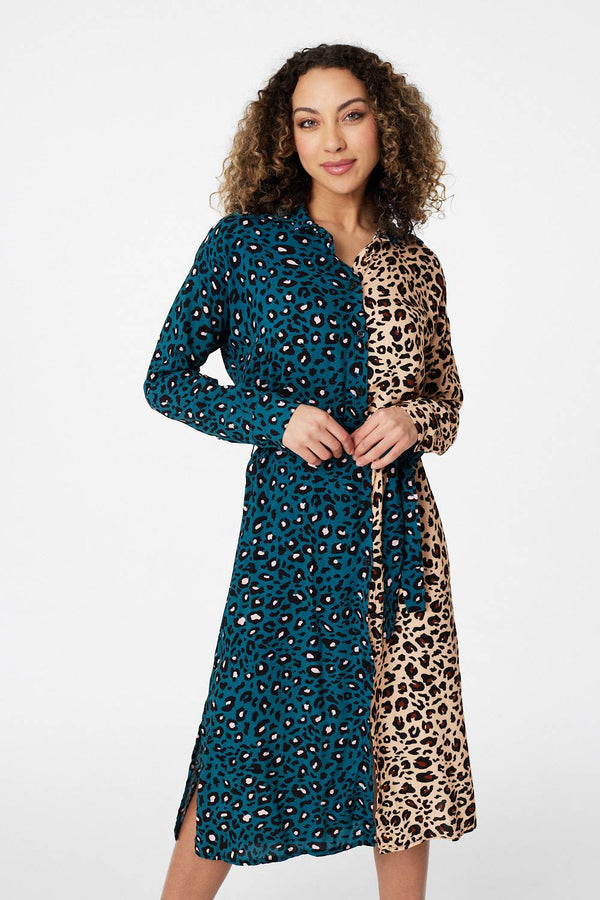 Teal | Animal Print Colour Block Shirt Dress