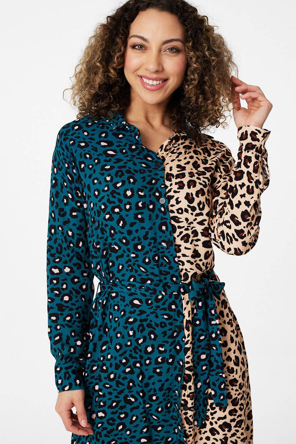 Teal | Animal Print Colour Block Shirt Dress