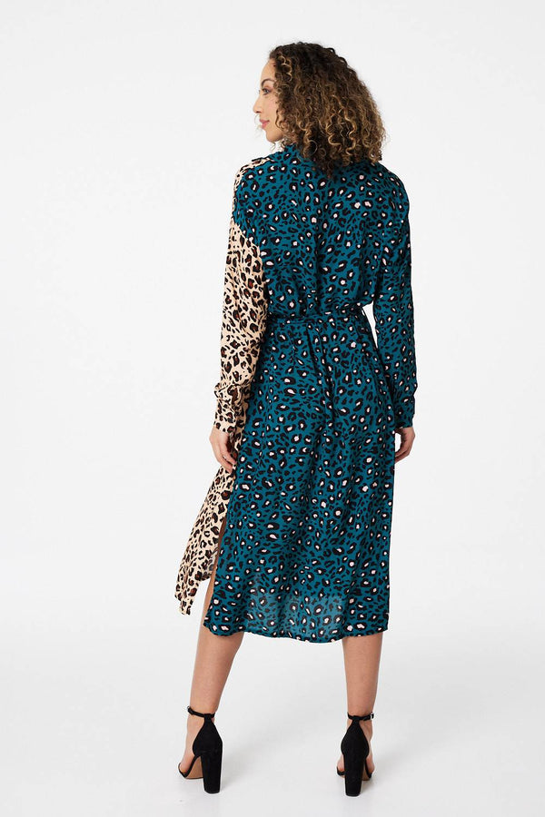 Teal | Animal Print Colour Block Shirt Dress