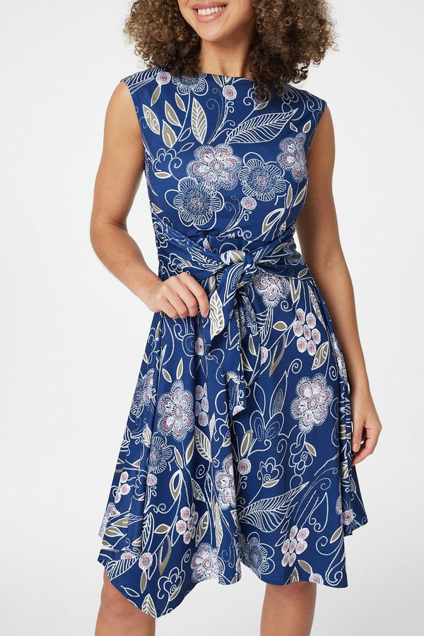 Navy | Floral Hanky Hem Skater Dress