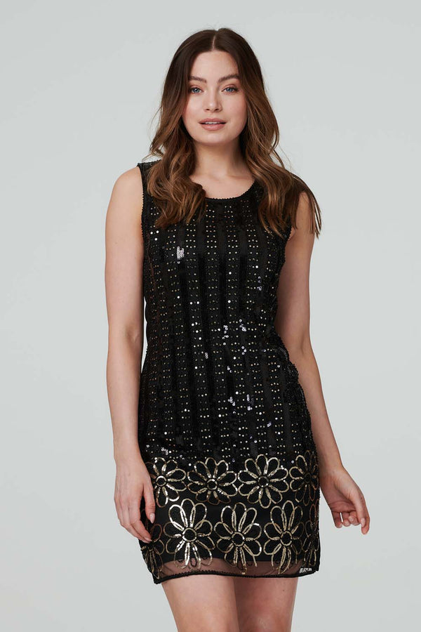 Black | Floral Sequin Mini Dress