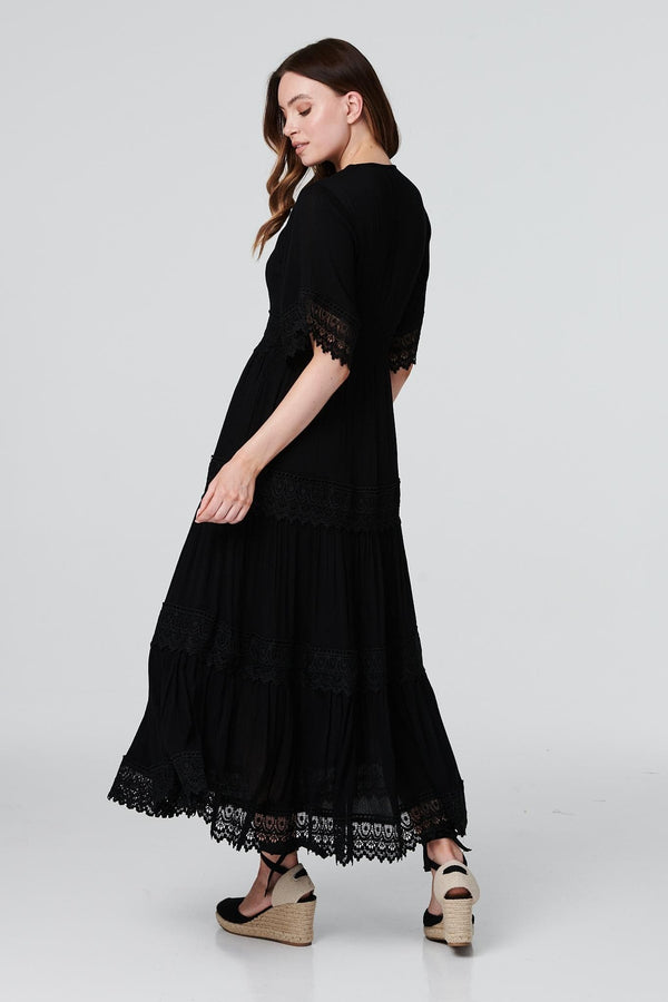 Black | Short Sleeve Crochet Maxi Dress