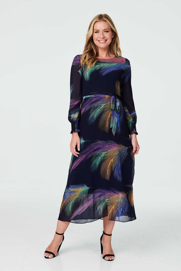 Navy | Printed Long Sleeve Midi Dress : Model is 5'10"/178 cm and wears UK8/EU36/US4/AUS8