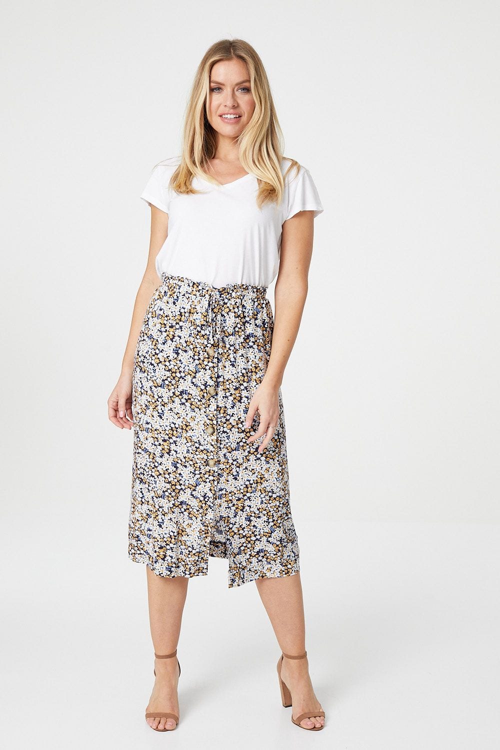 Button front outlet midi skirt floral