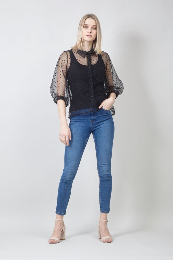 Black | Polka Dot Button Front Sheer Shirt