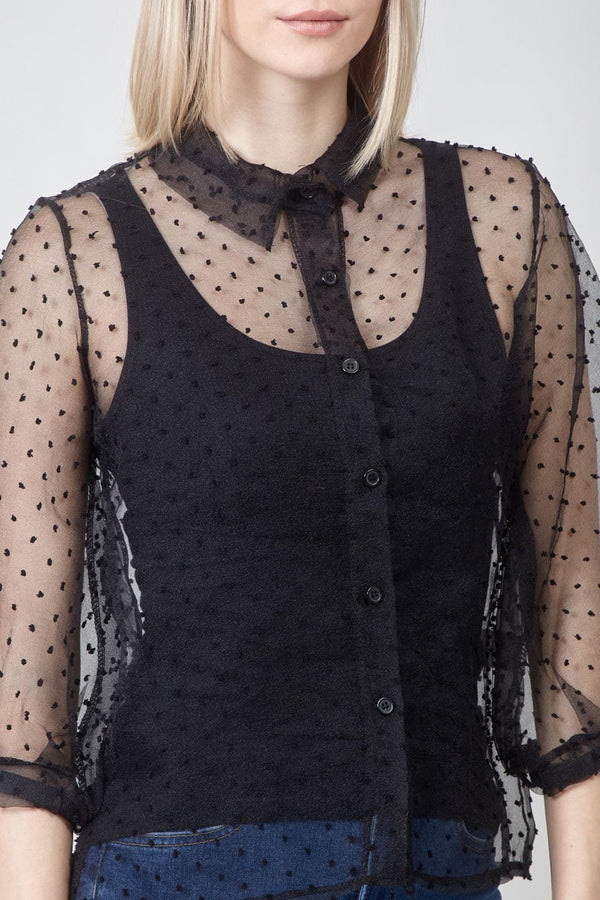 Black | Polka Dot Button Front Sheer Shirt