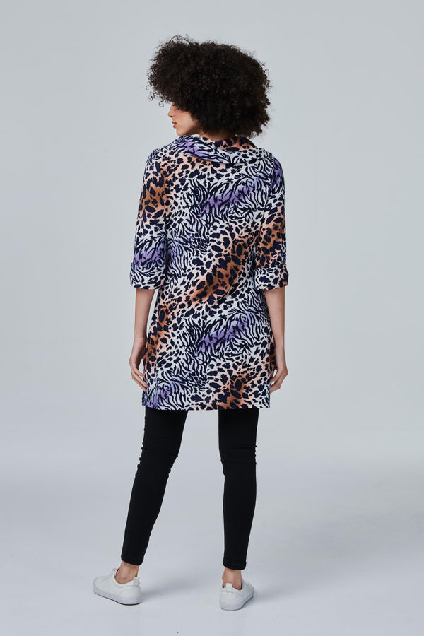 Brown | Animal Print Cowl Neck Tunic Top