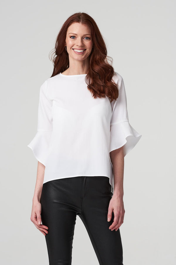 White | Ruffle Sleeve Blouse Top : Model is 5'10"/178 cm and wears UK8/EU36/US4/AUS8