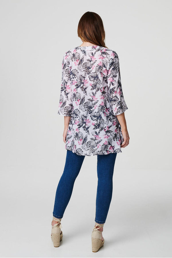 White | Floral Collarless 3/4 Sleeve Blouse