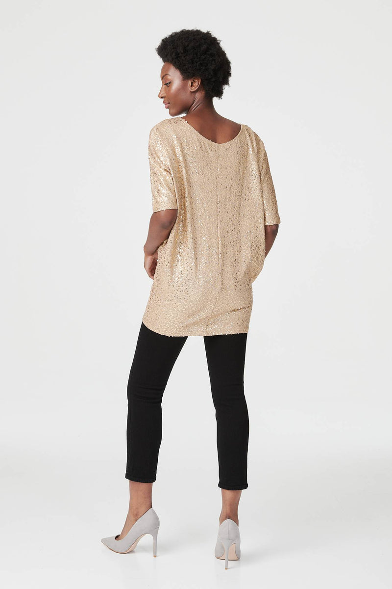 Sequin Short Sleeve Longline Top | Izabel London